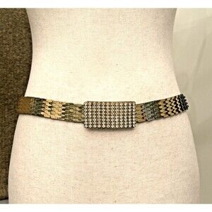 Vintage‎ Gold Tone Fish Scale Belt With Rhinestones Elastic 31" 1970's